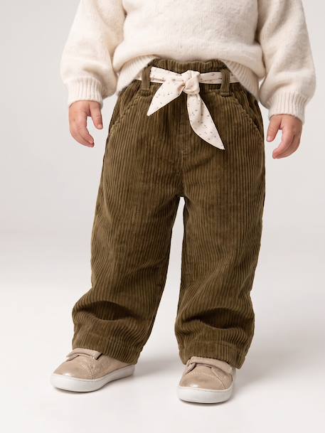 Pantalon large en velours ceinture à fleurs bébé olive+vieux rose 7 - vertbaudet enfant 