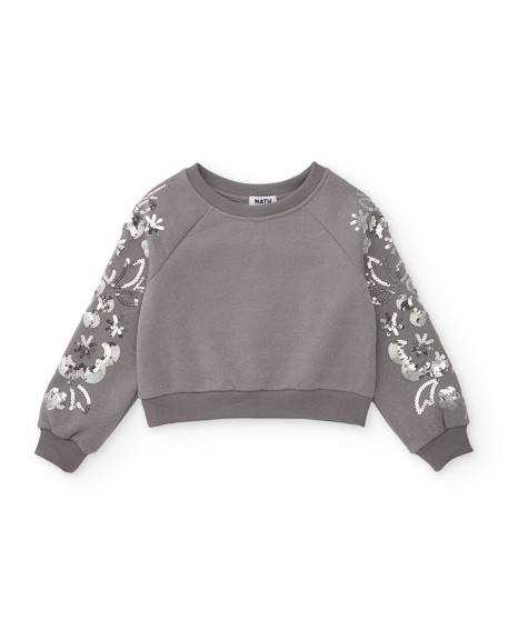 Sweat-shirt fille en molleton avec design floral en sequins sur les manches Gris 2 - vertbaudet enfant 