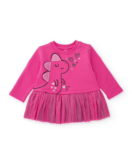 Robe fille en jersey et molleton avec motif dinosaure et volant Rose 1 - vertbaudet enfant 