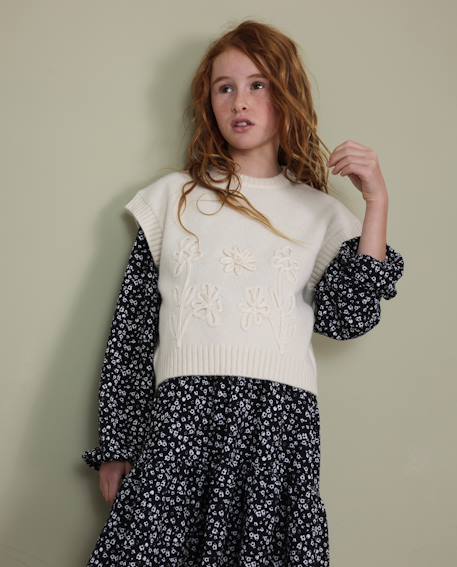 Gilet fille en tricot avec broderie florale en relief Beige 1 - vertbaudet enfant 