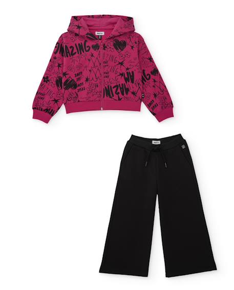 Ensemble fille en maille avec sweat-shirt imprimé en lettres et pantalon large Rose 1 - vertbaudet enfant 
