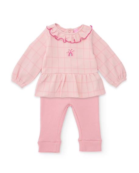 Ensemble bébé avec blouse à volants en tissu plat et leggings en maille Rose 1 - vertbaudet enfant 