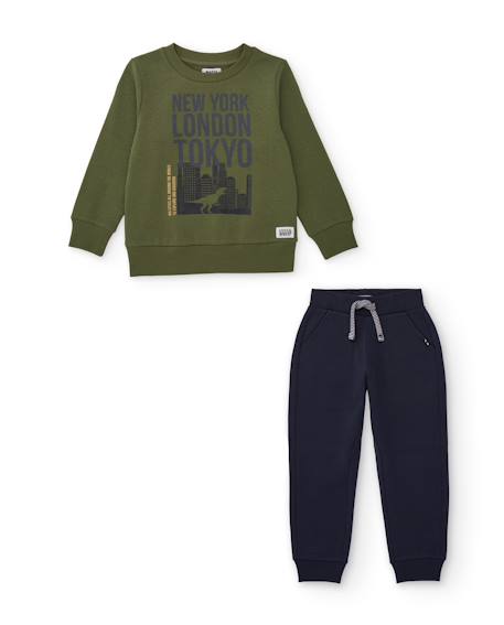 Ensemble garçon avec sweat en coton à motif urbain et pantalon Vert 1 - vertbaudet enfant 