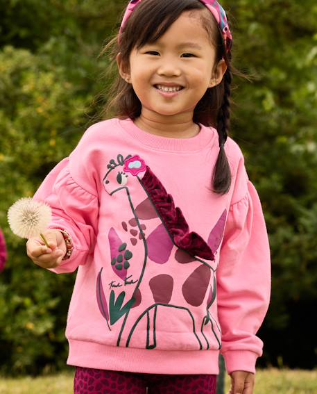 Sweat fille en molleton à motif girafe et volants Rose 1 - vertbaudet enfant 