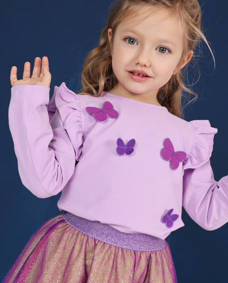 T-shirt en jersey fille à volants aux épaules et broderie papillons Violet 1 - vertbaudet enfant 