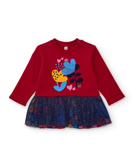 Robe fille en molleton et jersey à motif floral et volant Rouge 1 - vertbaudet enfant 