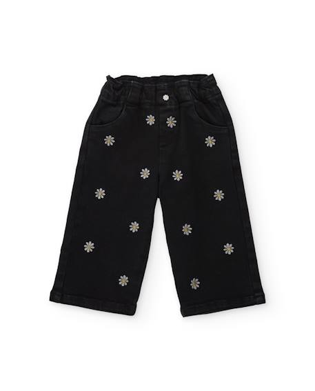 Pantalon en tissu plat pour bébé fille avec broderies florales Noir 1 - vertbaudet enfant 