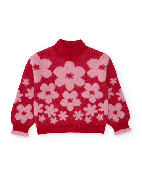 Pull pour fille en tricot avec design floral et finition côtelée Rouge 2 - vertbaudet enfant 
