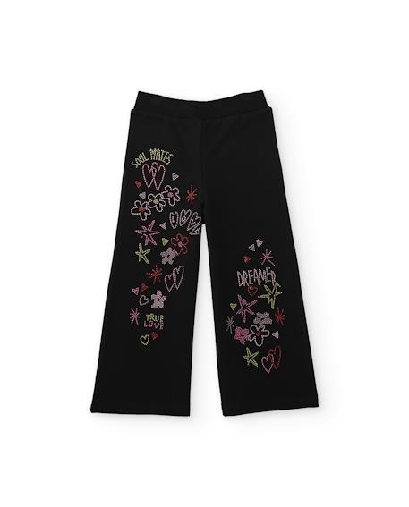 Pantalon fille en molleton à jambes larges et détails floraux Noir 1 - vertbaudet enfant 