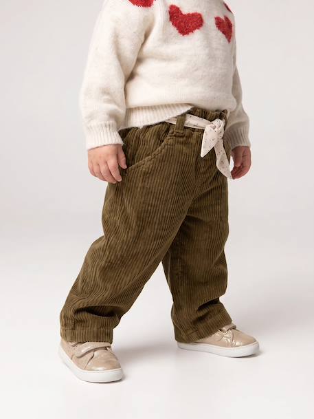 Pantalon large en velours ceinture à fleurs bébé olive+vieux rose 6 - vertbaudet enfant 