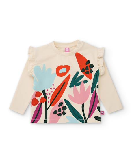 T-shirt bébé fille en jersey écru à imprimé floral et volants Blanc 1 - vertbaudet enfant 