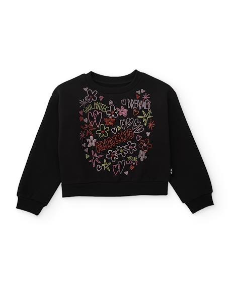 Sweat à capuche fille en molleton avec imprimé étoiles et fleurs Noir 2 - vertbaudet enfant 