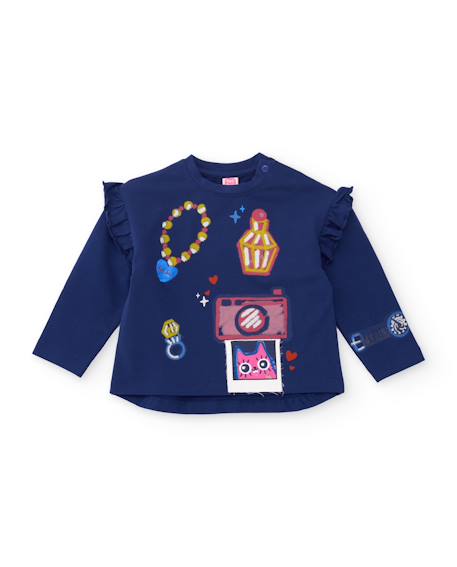 T-shirt fille en jersey à motif devant et volants aux épaules Bleu 1 - vertbaudet enfant 