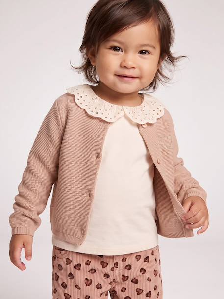 Cardigan broderie dorée coeur bébé beige+ivoire+vieux rose 1 - vertbaudet enfant 
