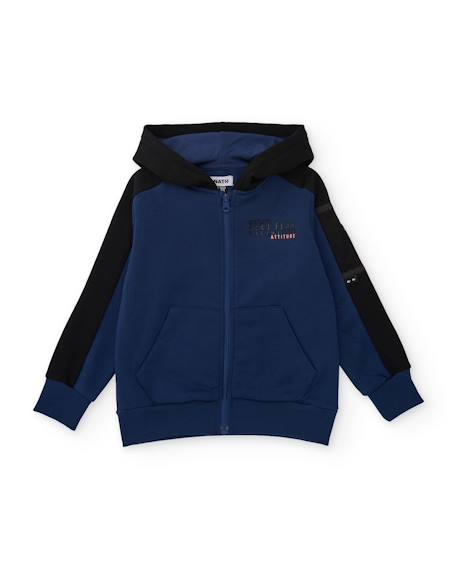 Sweat garçon en molleton avec capuche et détails noirs Bleu 2 - vertbaudet enfant 