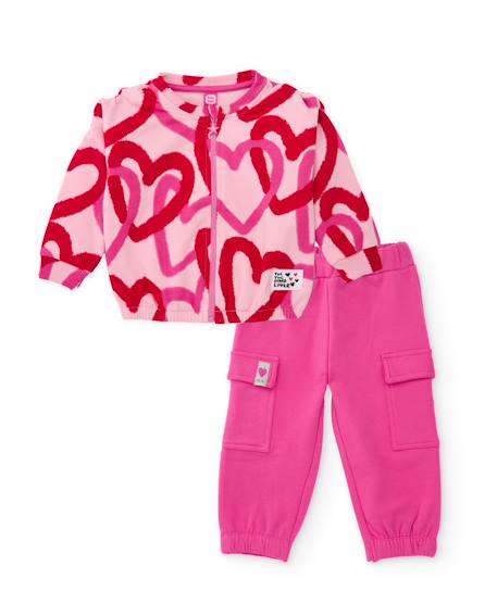 Ensemble fille en molleton avec sweat zippé et motif cœurs Rose 1 - vertbaudet enfant 