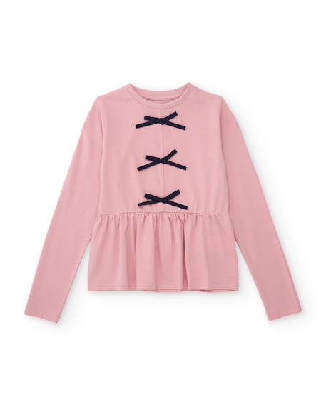 T-shirt fille en maille avec nœuds décoratifs et volants sur l'ourlet Rose 1 - vertbaudet enfant 