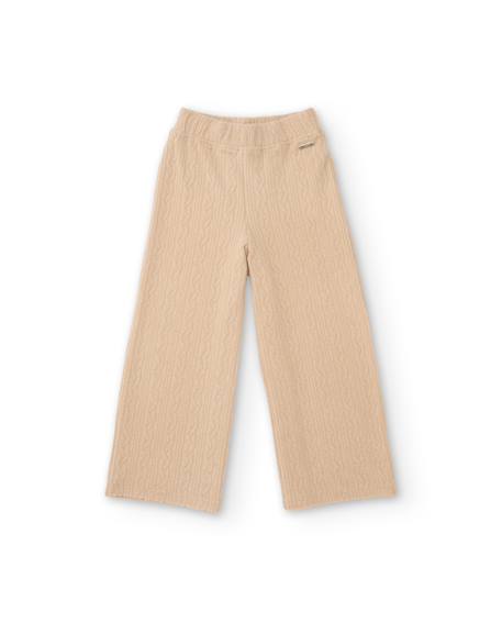 Pantalon de fille en tricot avec jambe large et finition texturée Beige 1 - vertbaudet enfant 