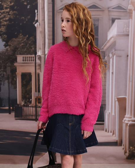Pull fille en tricot avec texture moelleuse et col rond Rose 1 - vertbaudet enfant 