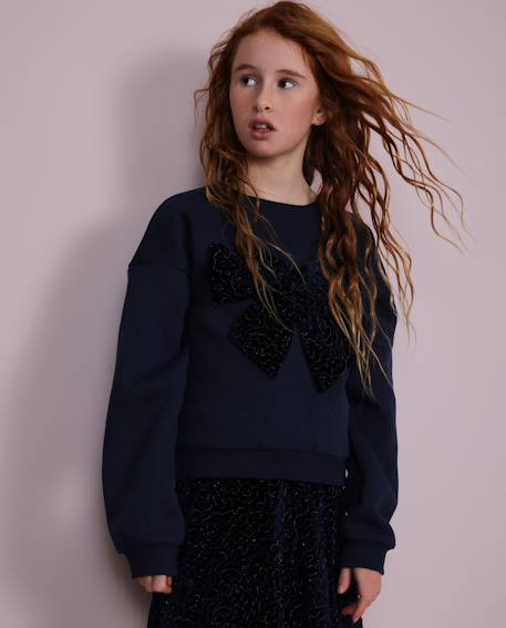 Sweat fille en molleton avec nœud décoratif et poignets côtelés Bleu 1 - vertbaudet enfant 