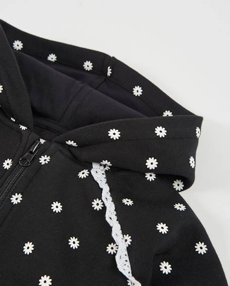 Sweat à capuche en molleton pour fille avec design floral et dentelle Noir 4 - vertbaudet enfant 