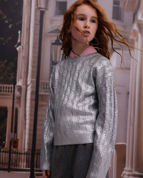 Pull fille en tricot côtelé avec touches argentées Gris 1 - vertbaudet enfant 