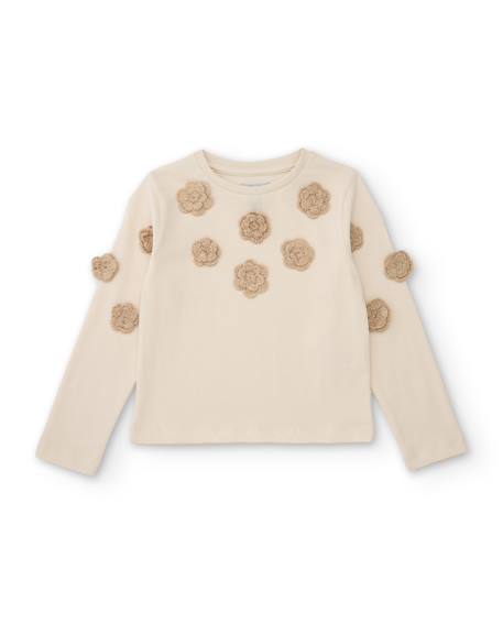 T-shirt de fille en maille avec appliques florales et manches longues Blanc 1 - vertbaudet enfant 