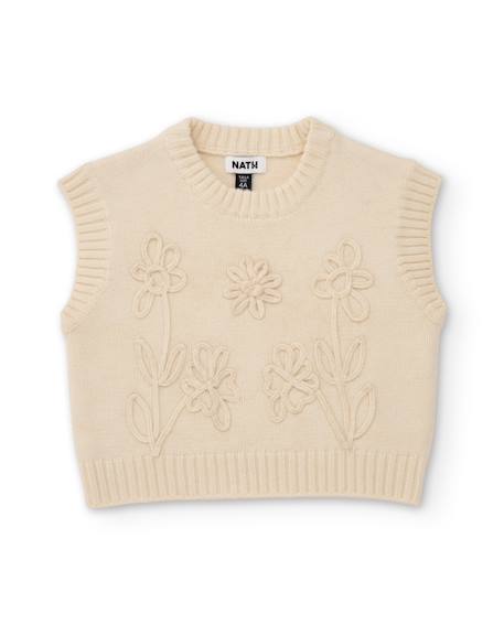 Gilet fille en tricot avec broderie florale en relief Beige 2 - vertbaudet enfant 