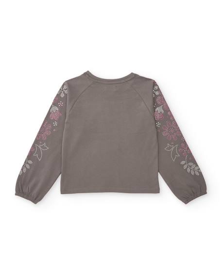 T-shirt fille en maille avec imprimé floral sur les manches Gris 2 - vertbaudet enfant 