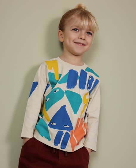 T-shirt garçon en jersey à manches longues et motif géométrique Blanc 1 - vertbaudet enfant 