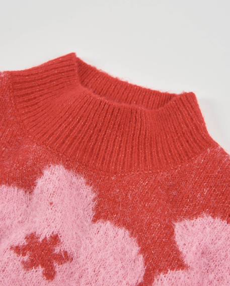 Pull pour fille en tricot avec design floral et finition côtelée Rouge 4 - vertbaudet enfant 