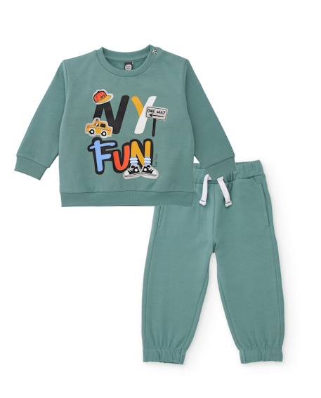 Ensemble garçon en molleton avec sweat imprimé et pantalon assorti Vert 1 - vertbaudet enfant 