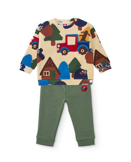 Ensemble garçon en molleton avec sweat motif nature et pantalon Beige 1 - vertbaudet enfant 