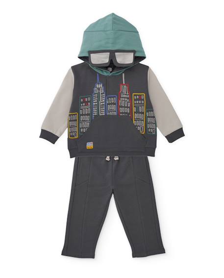 Ensemble garçon en molleton sweat à capuche et imprimé urbain Gris 1 - vertbaudet enfant 