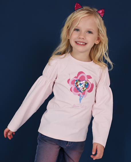 T-shirt fille en jersey à motif cœur et sequins Rose 1 - vertbaudet enfant 