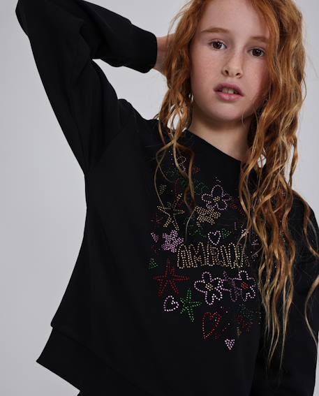 Sweat à capuche fille en molleton avec imprimé étoiles et fleurs Noir 1 - vertbaudet enfant 