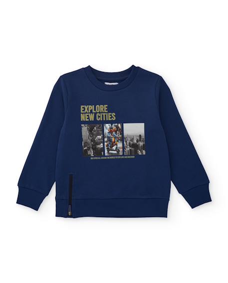 Sweat garçon en maille avec imprimé urbain et zip latéral Bleu 1 - vertbaudet enfant 