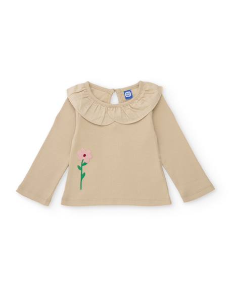 T-shirt fille en jersey à manches longues et détail volanté Beige 1 - vertbaudet enfant 