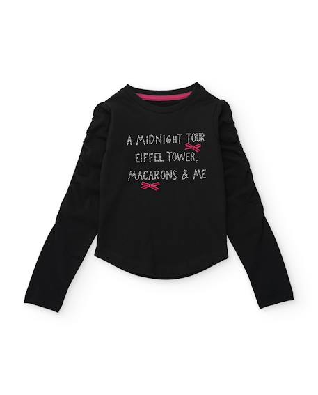T-shirt fille en maille avec lettres brillantes et nœuds fuchsia Noir 1 - vertbaudet enfant 