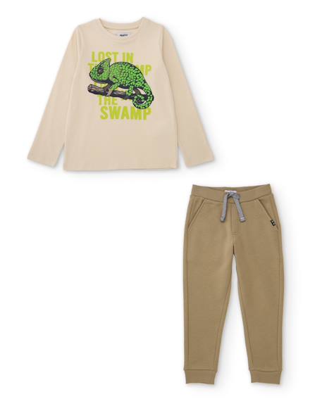 Ensemble garçon avec t-shirt en coton avec caméléon et pantalon Beige 1 - vertbaudet enfant 