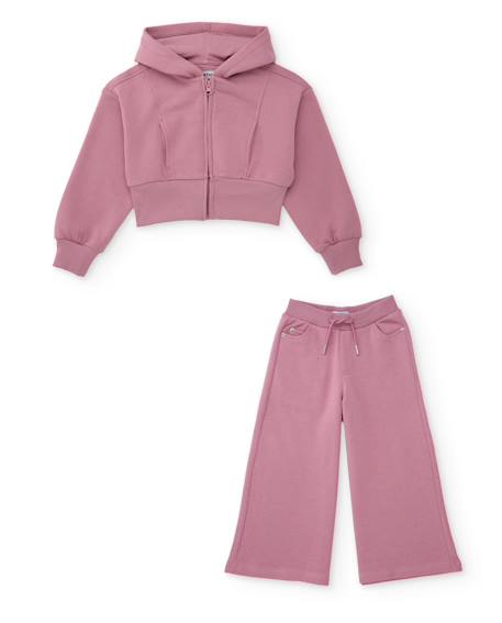 Ensemble pour fille en maille avec sweat à capuche court et pantalon large Rose 1 - vertbaudet enfant 