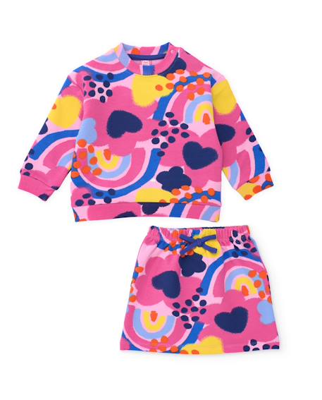 Ensemble fille en molleton avec sweat imprimé et jupe assortie Rose 1 - vertbaudet enfant 
