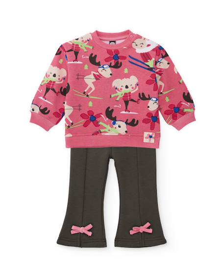 Ensemble en molleton pour bébé fille avec sweat imprimé et pantalon à nœuds Rose 1 - vertbaudet enfant 