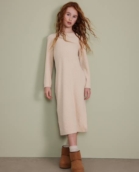 Robe midi de fille en tricot à côtes avec manches longues Beige 1 - vertbaudet enfant 