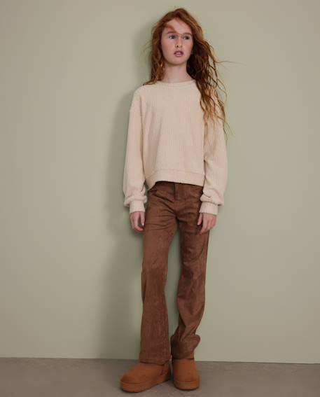 Pantalon de fille en daim avec coupe évasée et taille ajustée Marron 1 - vertbaudet enfant 