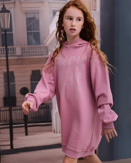 Robe fille en molleton avec capuche et imprimé frontal Rose 1 - vertbaudet enfant 