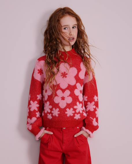 Pull pour fille en tricot avec design floral et finition côtelée Rouge 1 - vertbaudet enfant 