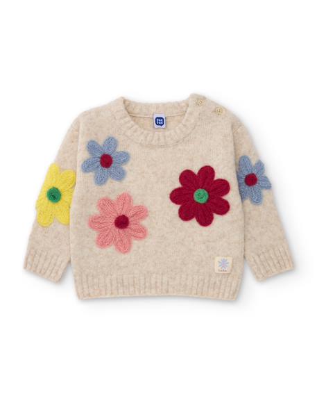 Pull fille en tricot avec fleurs brodées et matière douce Blanc 1 - vertbaudet enfant 