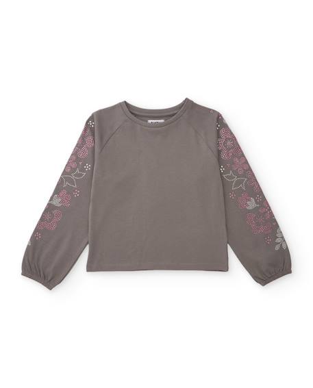 T-shirt fille en maille avec imprimé floral sur les manches Gris 1 - vertbaudet enfant 