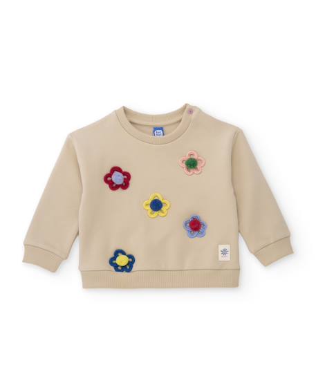 Sweat bébé fille en molleton avec broderies florales et toucher doux Beige 1 - vertbaudet enfant 